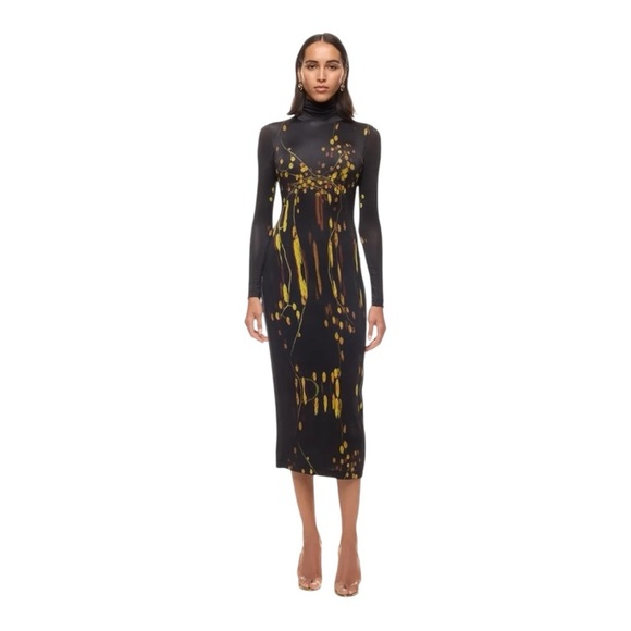 Prabal Gurung Long Sleeve Turtleneck Midi Dress Black Yellow Size Small - Picture 1 of 11